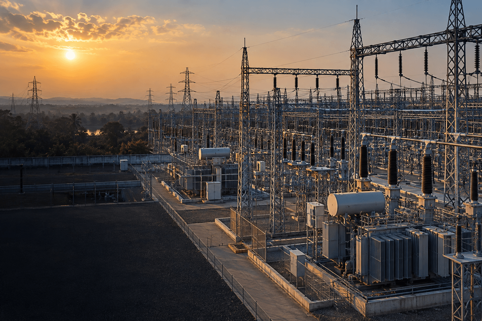 Illustrative substation showing electrical equipment and steel gantries at sunset